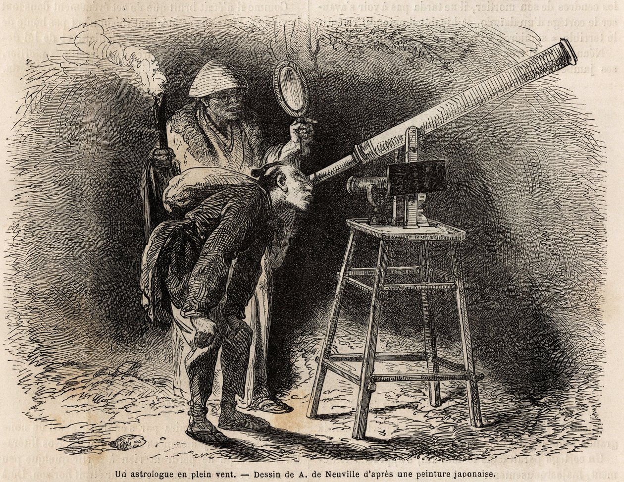 Astrologi tutkii taivasta ulkoilmassa kaukoputkensa avulla. Kaiverrus havainnollistamaan matkaa Japaniin vuosina 1863-1864, Sveitsin valaliiton ministeri Aime Humbert "Le tour du monde, nouveau journal des voyages" -julkaisussa, joka julkaistiin ohjauksell tekijältä Unknown artist