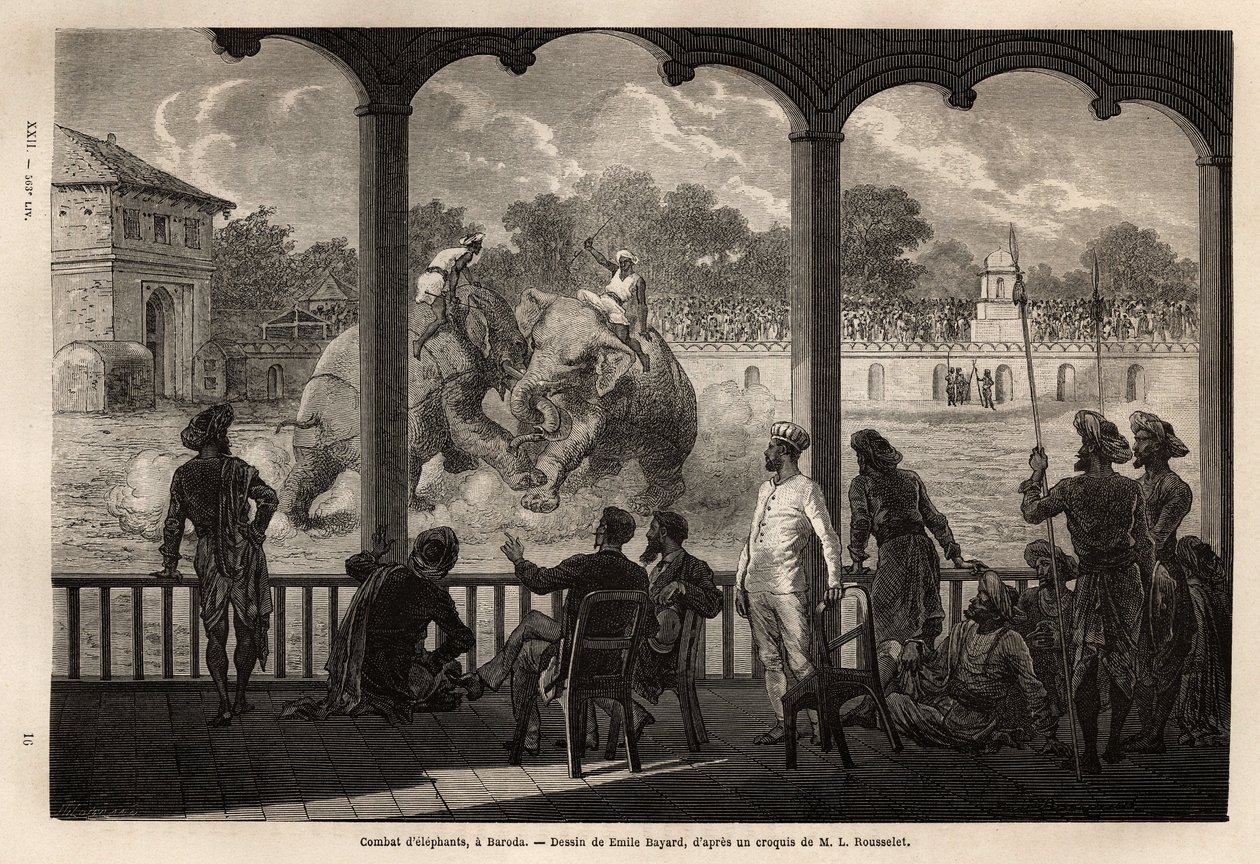 Norsutaistelu Barodassa (tai Vadodarassa), Gujaratin osavaltiossa Intian koillisrannikolla. Kaiverrus havainnollistamaan rajahien matkaa Intiassa, Louis Rousselet, 1864-1868, julkaistu "" Le tour du monde""" 1870-1871, toimittanut Edouard Charto tekijältä Unknown artist