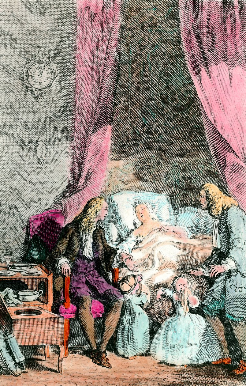 Tarkkailijalääkäri Sairas tai jo kuollut nainen on perheensä ja lääkärin ympäröimä. Lapset ovat kyynelissä. Kaiverrus noin 1780. Pariisi, lääketieteen akatemia tekijältä Unknown artist