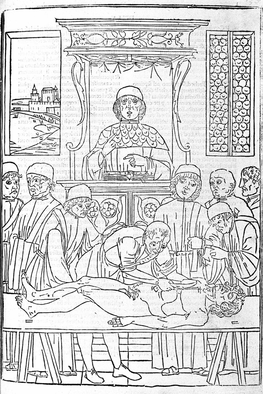 Anatominen dissektio. Kaiverrus Gerolamo Cardanon (Cardanus Hieronymus) lääketieteen tutkielmasta, Firenze tekijältä Unknown artist