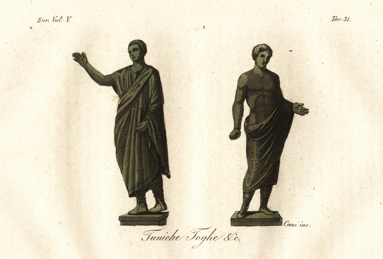 Muinaiset etruskien patsaat miehillä, joilla on toga, tunika, calzari (kengät) jne. tekijältä Unknown artist