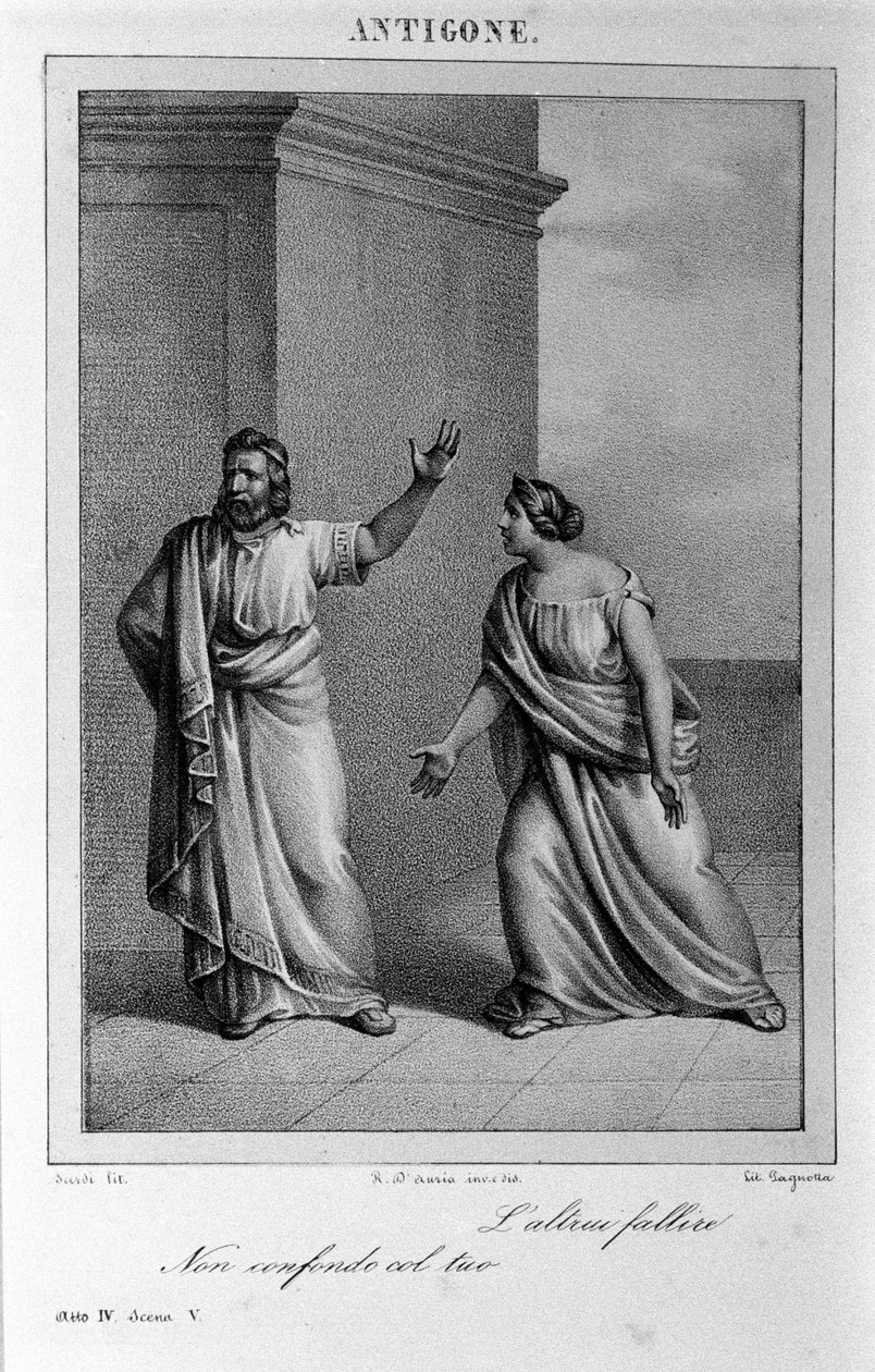 Antigone Act 4, kohtaus 5. Vittorio Alfierin italialainen tragedia, kirjoitettu vuonna 1783 kreikkalaisen mytologian mukaan. Kaiverrus 1700-luvulta. tekijältä Unknown artist