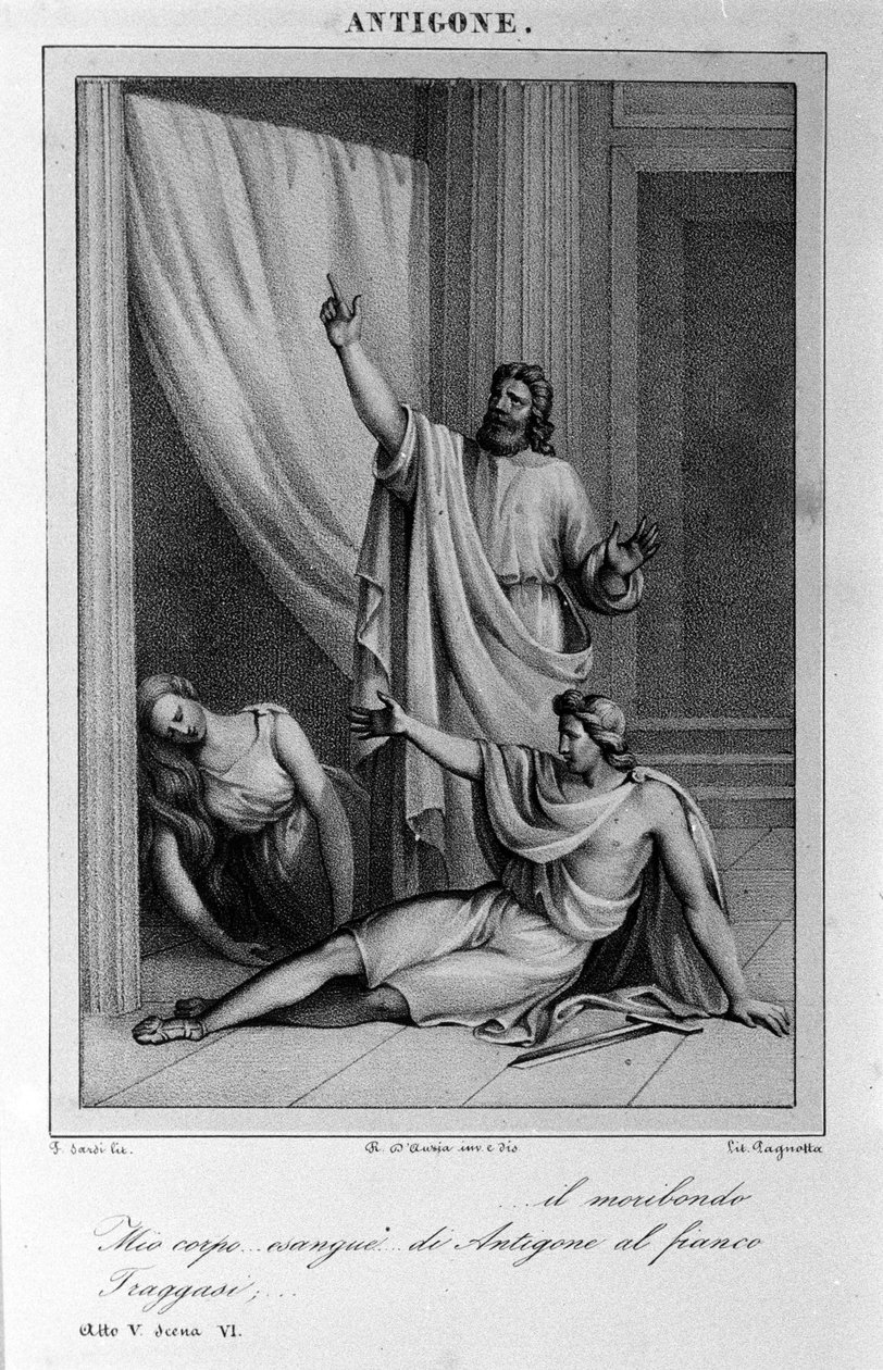 Antigone Act 5, kohtaus 6. Vittorio Alfierin italialainen tragedia vuonna 1783 kreikkalaisen mytologian mukaan. Kaiverrus 1700-luvulta. tekijältä Unknown artist