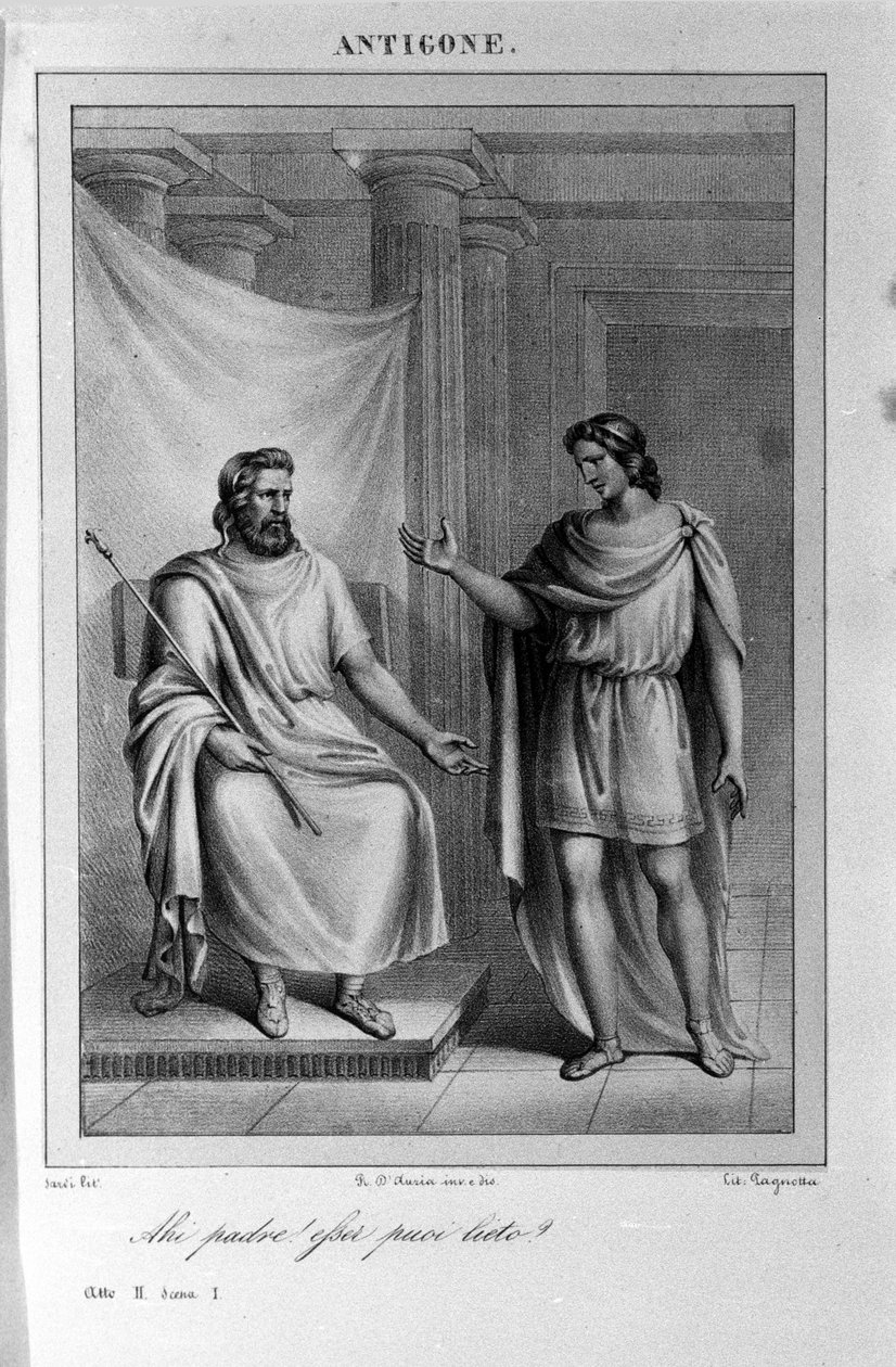 Antigone Act II, kohtaus 1. Vittorio Alfierin italialainen tragedia, kirjoitettu vuonna 1783 kreikkalaisen mytologian mukaan. Kaiverrus 1700-luvulta. tekijältä Unknown artist