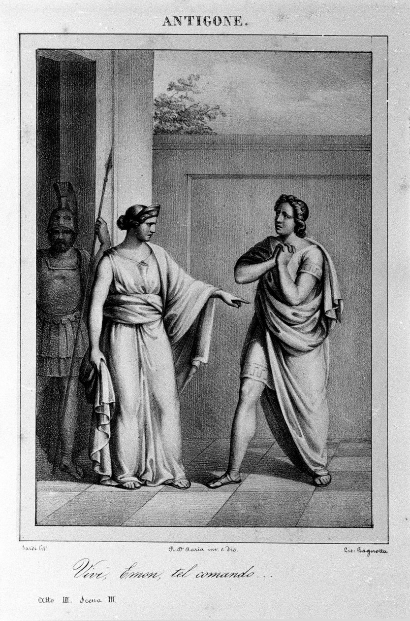 Antigone Act I, kohtaus 3. Vittorio Alfierin italialainen tragedia vuonna 1783 kreikkalaisen mytologian mukaan. Kaiverrus 1700-luvulta. tekijältä Unknown artist