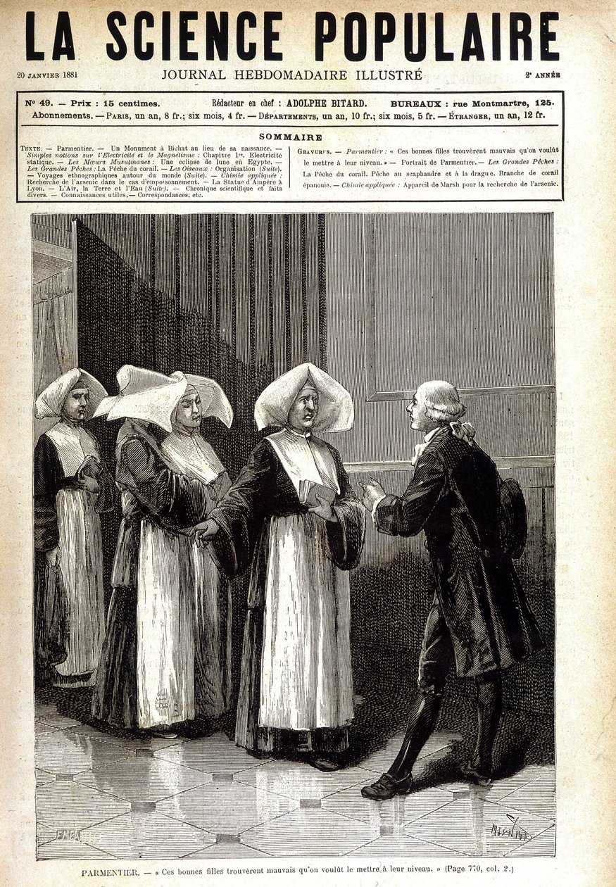 Antoine Augustin Parmentier (1737 - 1813), farmaseutti, joka tunnetaan perunanviljelyn levittämisestä Ranskassa ja puhui nunnille. julkaisussa "" La science populaire"" 20/01/1881. tekijältä Unknown artist