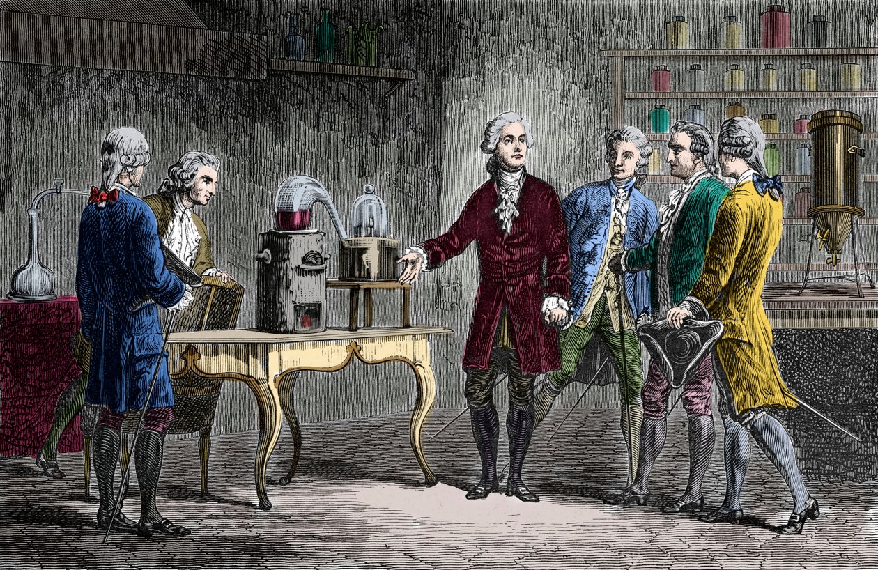 Antoine Laurent Lavoisier (1743-1894) suorittaa la decomposition de l