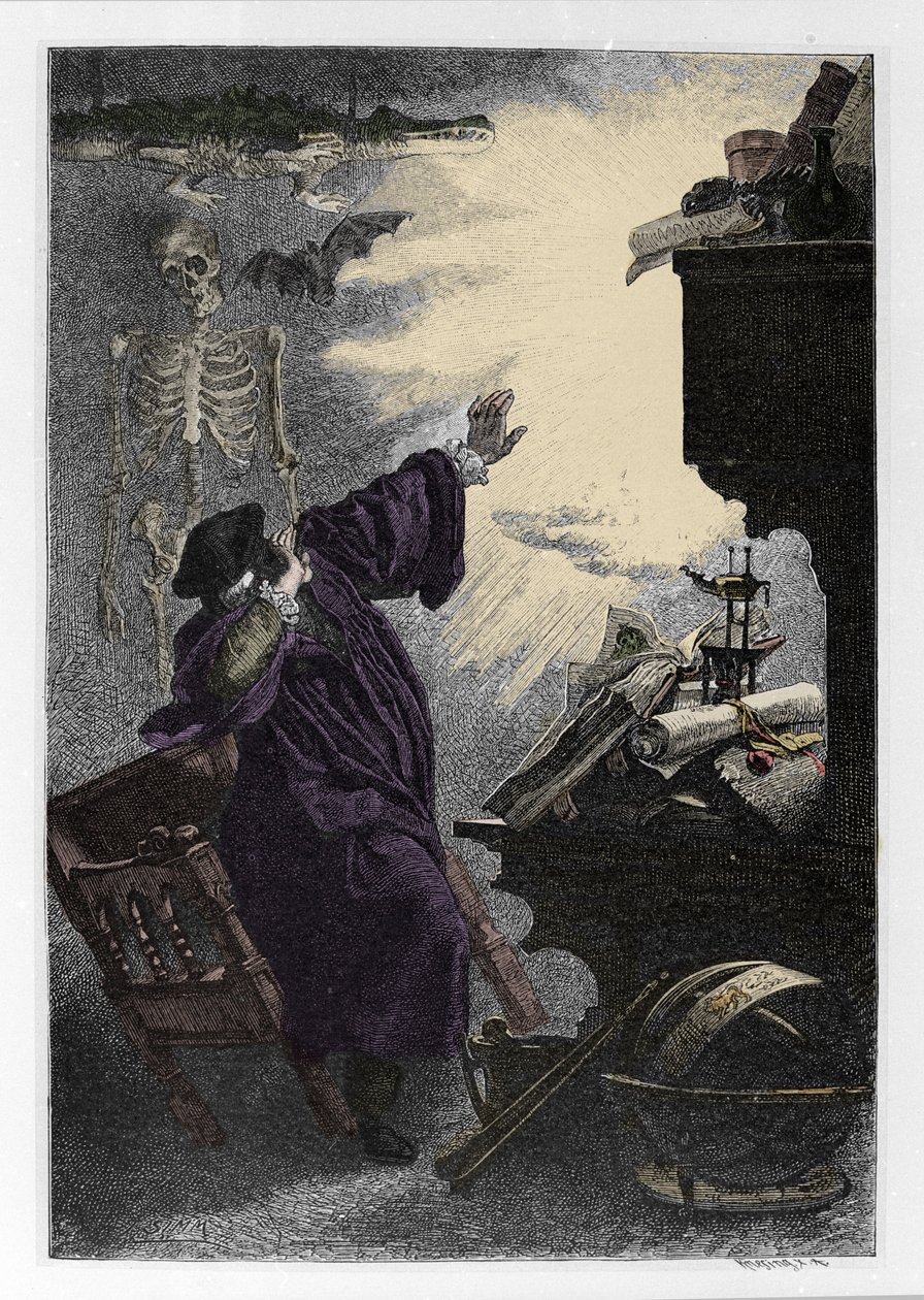 Ilmestys Mefistofelesta (Mephisto) a Faust Johann Wolfgang von Goethen (1749-1832) kuvitus "Faustista" (Goethen kuvitus "faustista") Kaiverrus tekijältä Unknown artist
