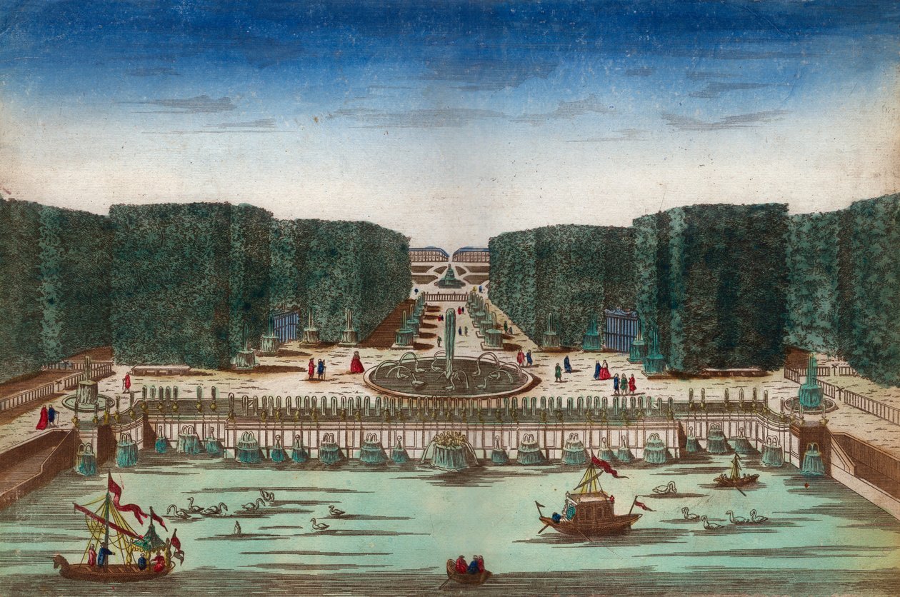 Aquae Lapsus in Hortis Versalicis - Optinen näkymä Versaillesin vesiputouksista 1700-luvulla - Kuvitus noin 1760 tekijältä Unknown artist