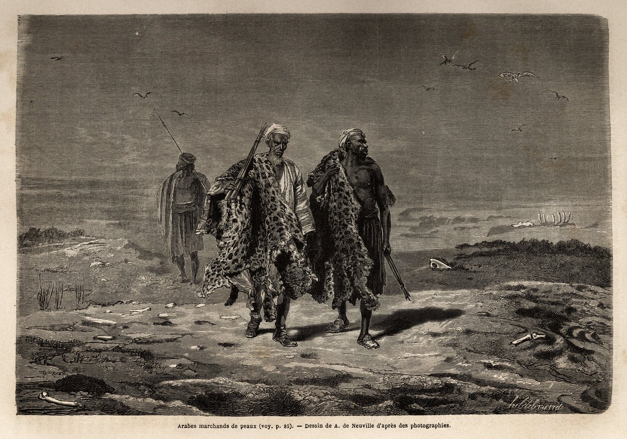 Arabbeduiinit, pantterinnahat ja lampaanvillakauppiaat matkalla Bagdadin (Irak) marssiin. Guillaume Lejeanin kaiverrus havainnollistamaan Babylonin matkaa vuonna 1866 "Le tour du monde, nouveau journal des voyages" -julkaisussa, joka julkaistiin dire tekijältä Unknown artist
