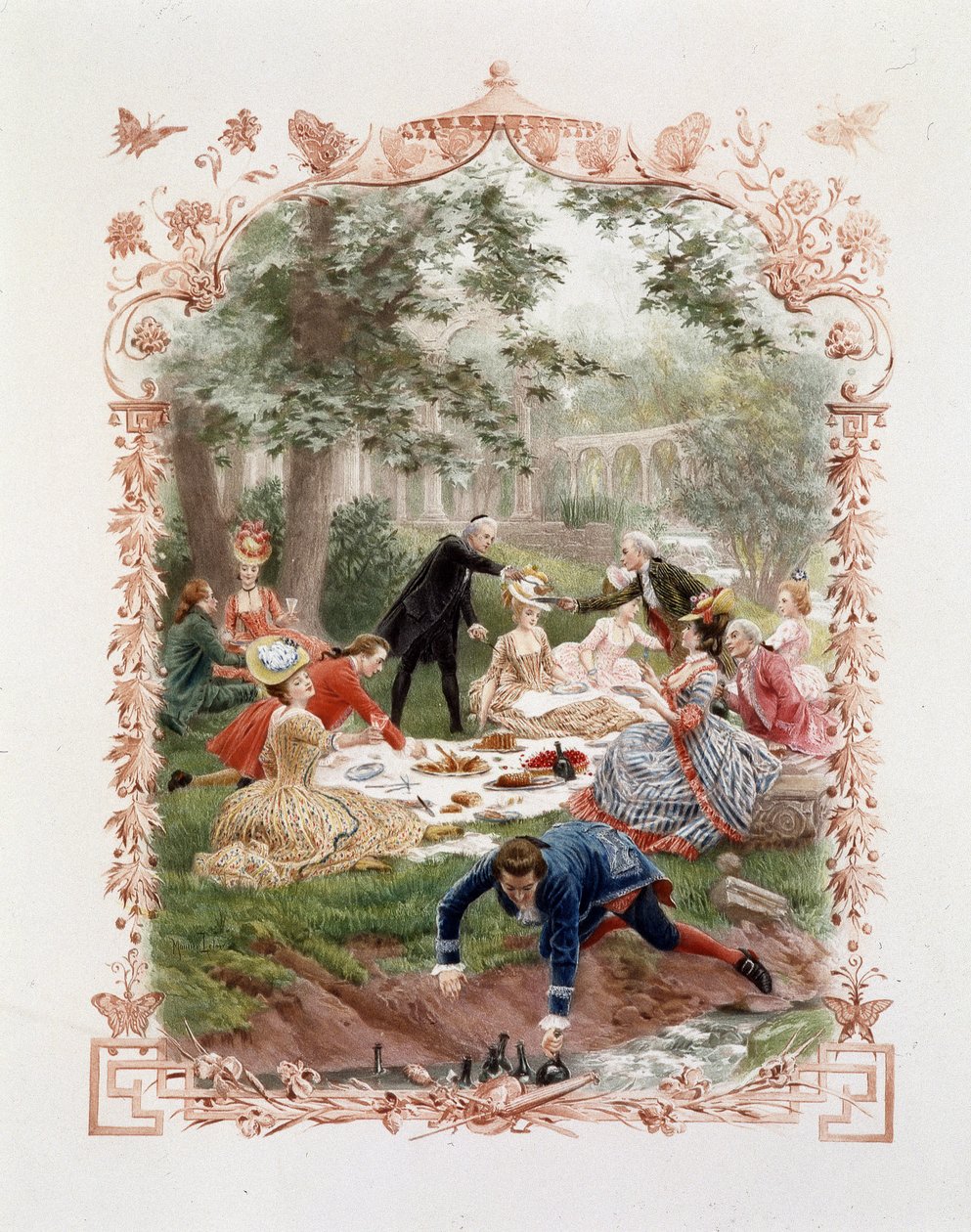 Aristokraattien piknik Versaillesin linnan puutarhassa tekijältä Unknown artist