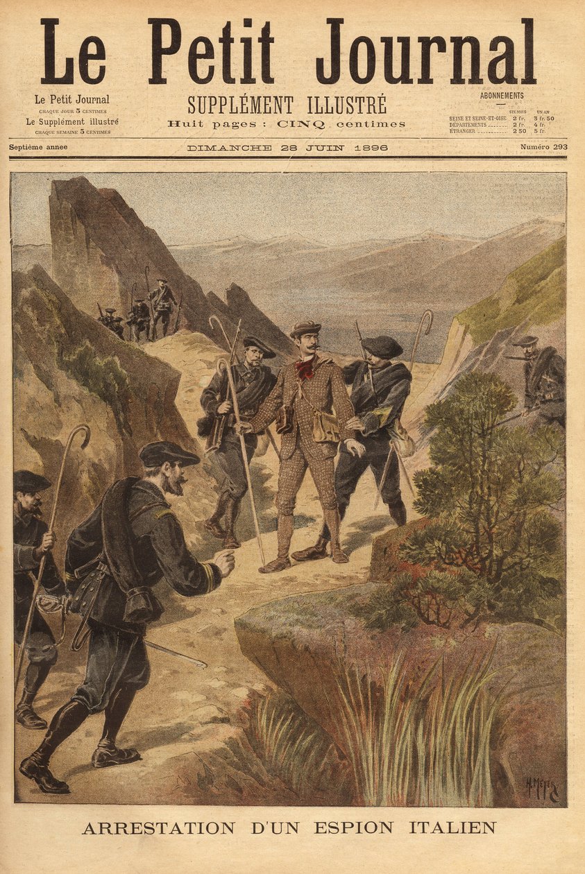 23. alppimetsästäjäpataljoona pidätti italialaisen vakoojan, kapteeni Vittorio Ravellin, Maritime Alps -osaston pohjoispuolella. Kaiverrus "" Le petit Journal" -julkaisussa 28/06/1896. Selvan kokoelma. tekijältä Unknown artist