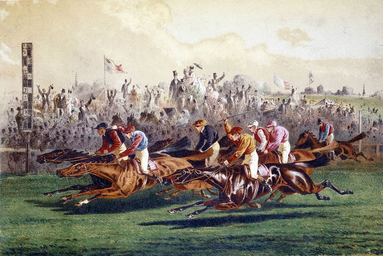 Hevoskilpailun saapuminen. 1800-luvun kuvitus. tekijältä Unknown artist
