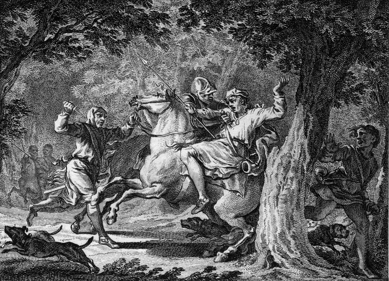 Childeric II:n salamurha, 675: frankkien kuninkaan (noin 653-675) tappoi Lognesin metsässä Bodillon, herra, jonka hän oli ruoskinut. Kaiverrus 1700-luvulta. tekijältä Unknown artist