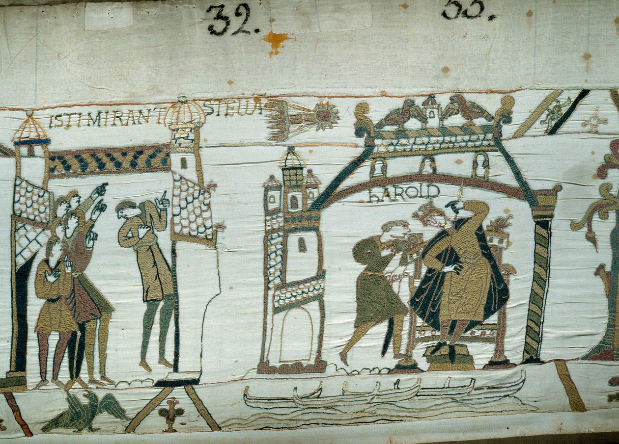 Astrologit raportoivat komeetan (Halley) ilmestymisestä, Haroldin, tuskin Englannin kuninkaan, onnettomuuden painamisesta. Yksityiskohta Bayeux
