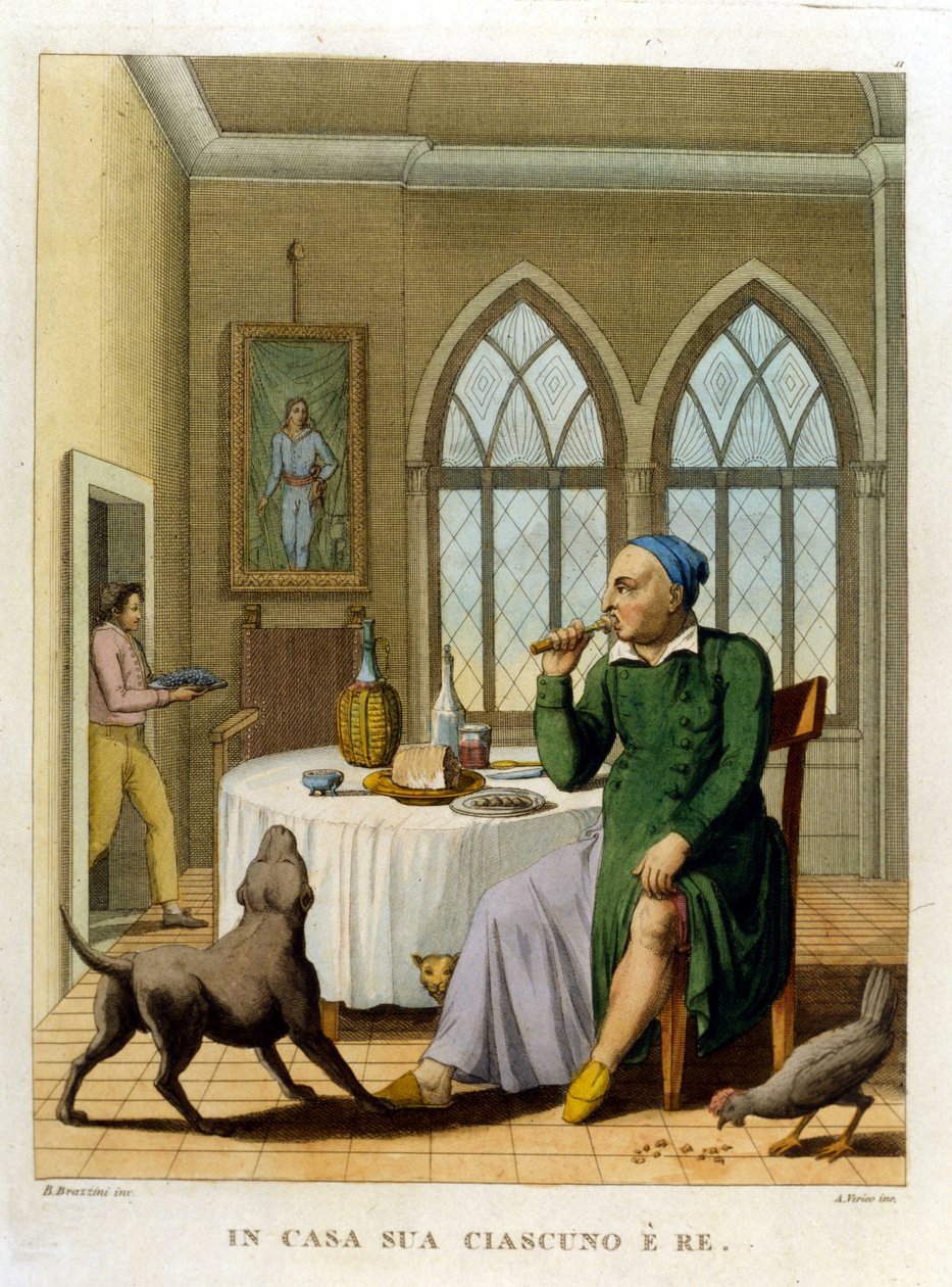 "Kotona jokainen on kuningas." Kuvitus 1700-luvun sananlaskujen kokoelmasta tekijältä Unknown artist