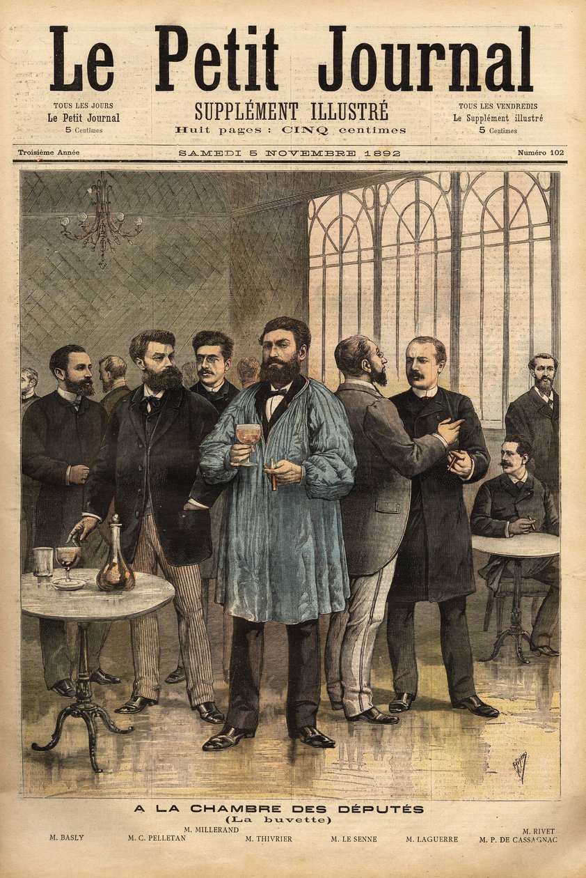 Edustajakamarin baarissa vasemmalta oikealle: Emile Basly (1835-1928), Pariisin kansanedustaja, kaivostyöläisten ammattiyhdistysliikkeestä, Camille Pelletan (1846-1915) toimittajakirjailija ja Bouches dun varajäsen Rhone, Alexandre Millerand (1859-1 tekijältä Unknown artist