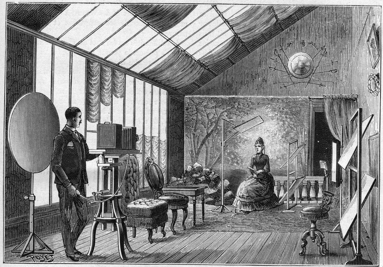 Valokuvauksen ystävän poseeraustyöpaja asusteineen Ranskassa vuonna 1888. Vuoden 1888 "La nature" -sarjassa. tekijältä Unknown artist