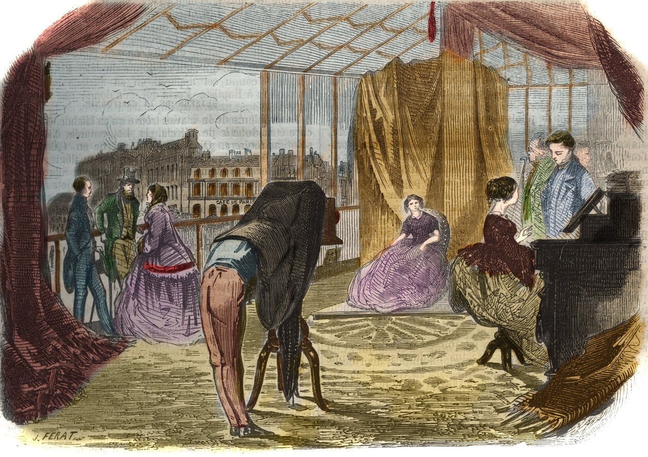 Nadar Jeunen (Alban Adrien (Alban-Adrien) Tournachon dit) (1825-1903), boulevard des Italians -valokuvaajan työpaja Pariisissa. Kaiverrus vuodelta 1856. tekijältä Unknown artist