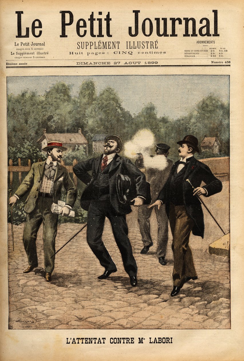 Hyökkäys Fernand Laboriin (1860-1917), Alfred Dreyfusia (1859-1935) puolustavaan asianajajaan, osui luodilla selkään Rennesissä, kun hän oli matkalla tapauksen tuomiopaikkaan. Kaiverrus "" Le petit Journal" -lehdessä 27.8.1899. Selva Coll tekijältä Unknown artist
