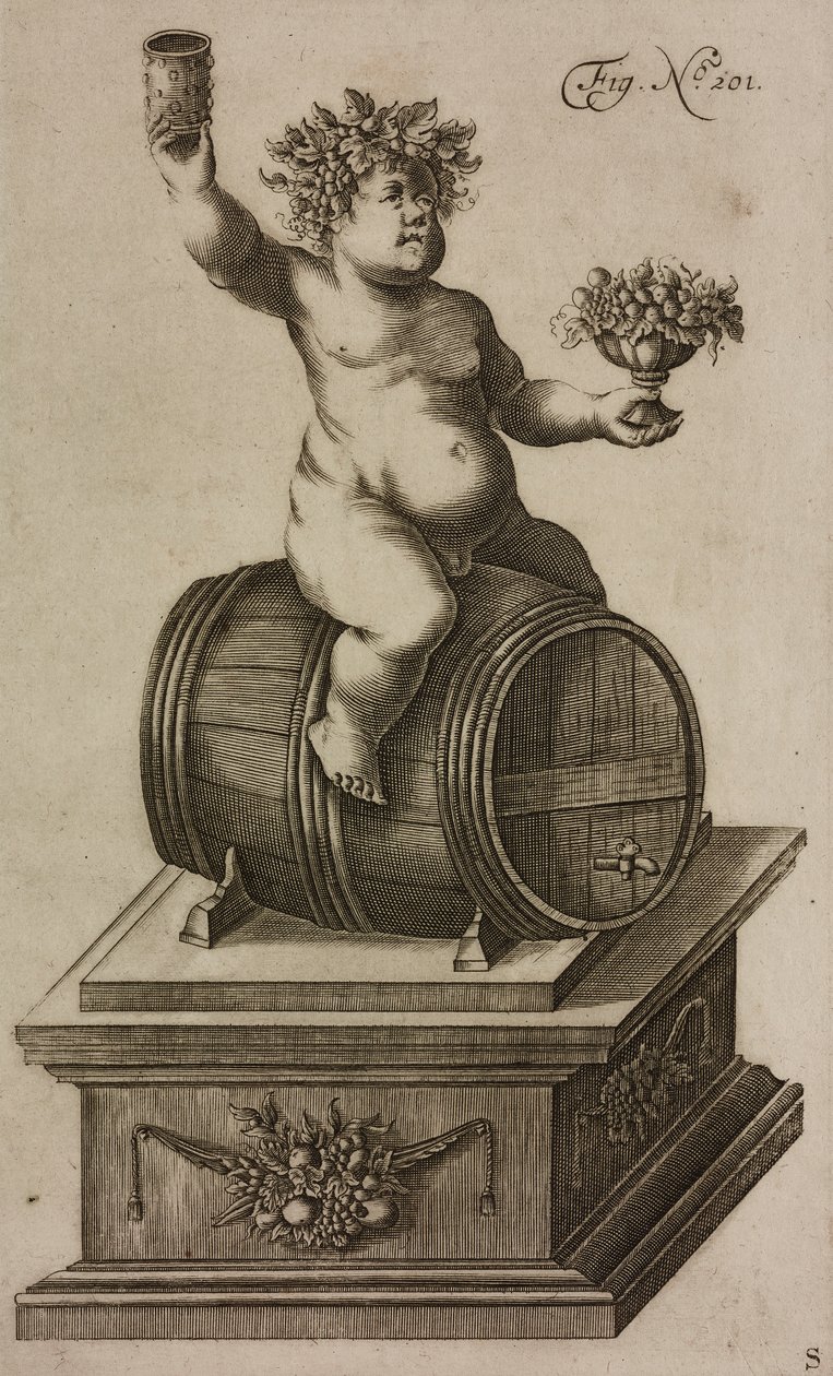 Bacchus tynnyrillä, mannekiini ilotulitteiden laukaisuun, kaiverrus teoksesta Grand Art d