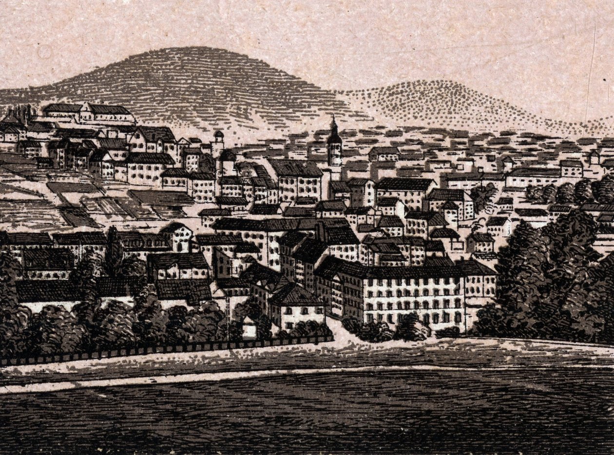 Baden Baden (Baden-Baden), Saksa: näkymä kaupunkiin (yleinen näkymä). kirjassa "" Maailma havainnollistaa 168 näkymää"" Päiväämätön (1800-luvun loppu) tekijältä Unknown artist