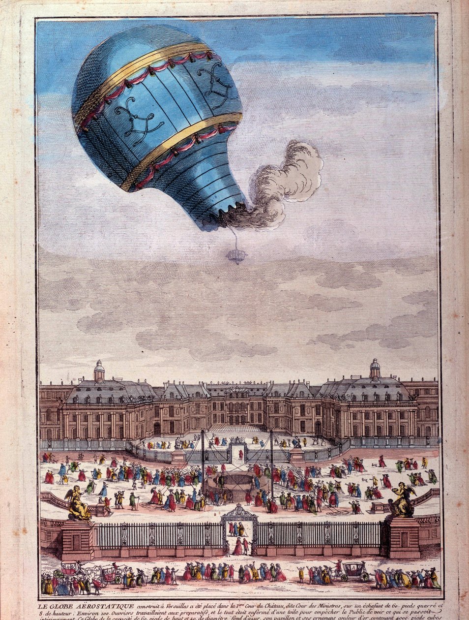 Ilmapallolento: Montgolfier-veljesten kokemus Versaillesin linnan edessä syyskuussa 1783. Kaiverrus 1700-luvulta. Paris, B.N. tekijältä Unknown artist