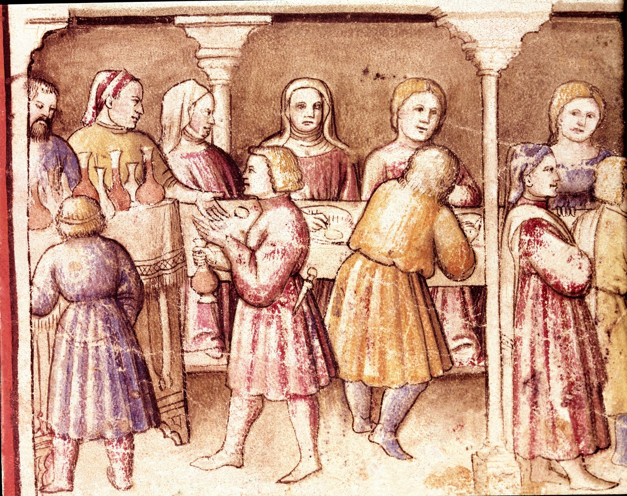 Juhlakohtaus Padovan rikkaassa kartanossa Miniatyyri koodista 212 (tai Padovanon koodista tai Padovan Raamatusta) 1390-1400 Rovigo, Accademia dei Concordi tekijältä Unknown artist