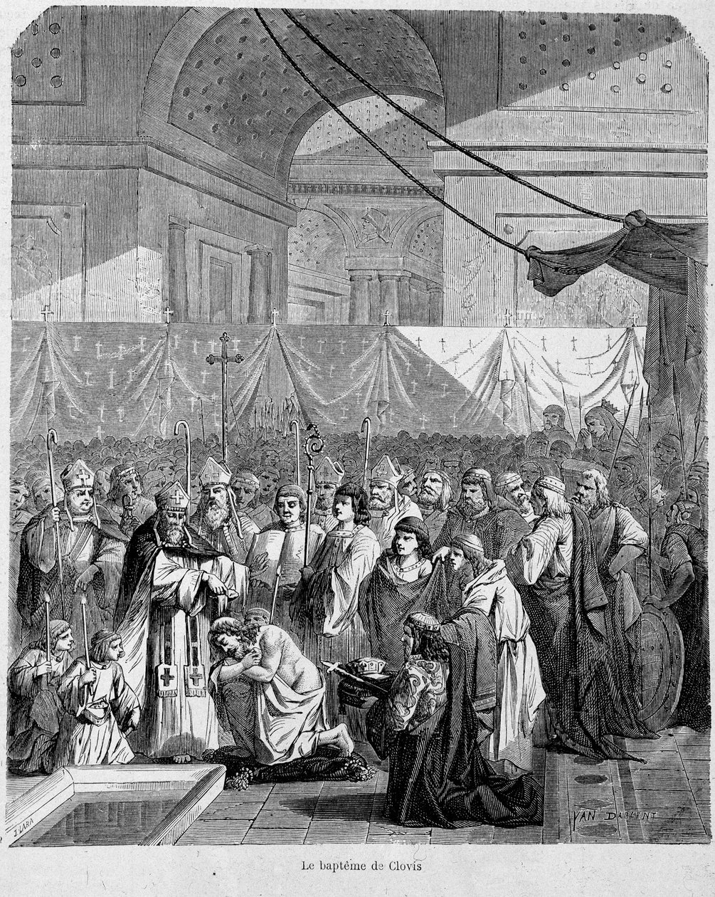 Anastase II:n Cloviksen kaste Reimsin katedraalissa 25. joulukuuta 498 - teoksessa "Histoire des popes", voi. 1, Maurice Lachatre. tekijältä Unknown artist