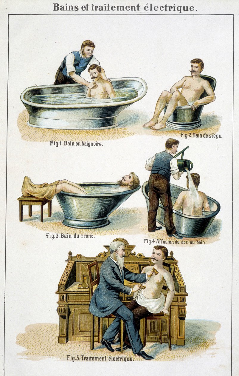 Kylpyammeet ja sähköhoito: 1) Kylpyamme, 2) Istuinkylpy, 3) Runkokylpy, 4) Takaisin kylpyyn, 5) Sähköhoito - "Bilz, Natural Medicination" -osastolla, 1800-luvun loppu tekijältä Unknown artist