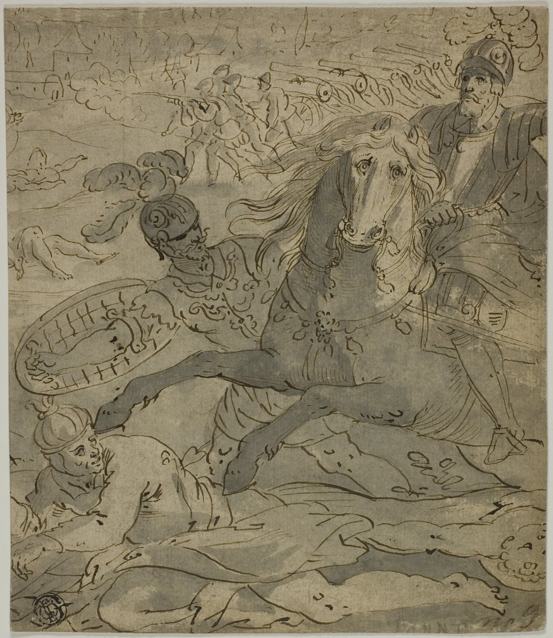 Taistelukohtaus, jossa ryöstökenraali hevosen selässä etualalla, tykistö ja tykit taustalla tekijältä Unknown artist