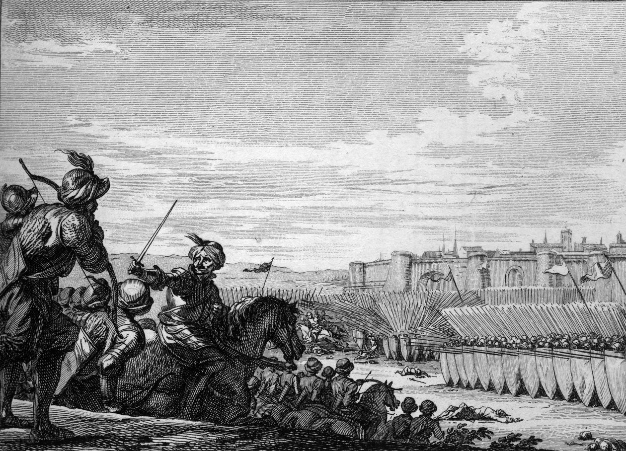 Poitiersin taistelu Charles Martelin armeijan ja saraseenien välillä, 732. Kaiverrus 1700-luvulta. tekijältä Unknown artist