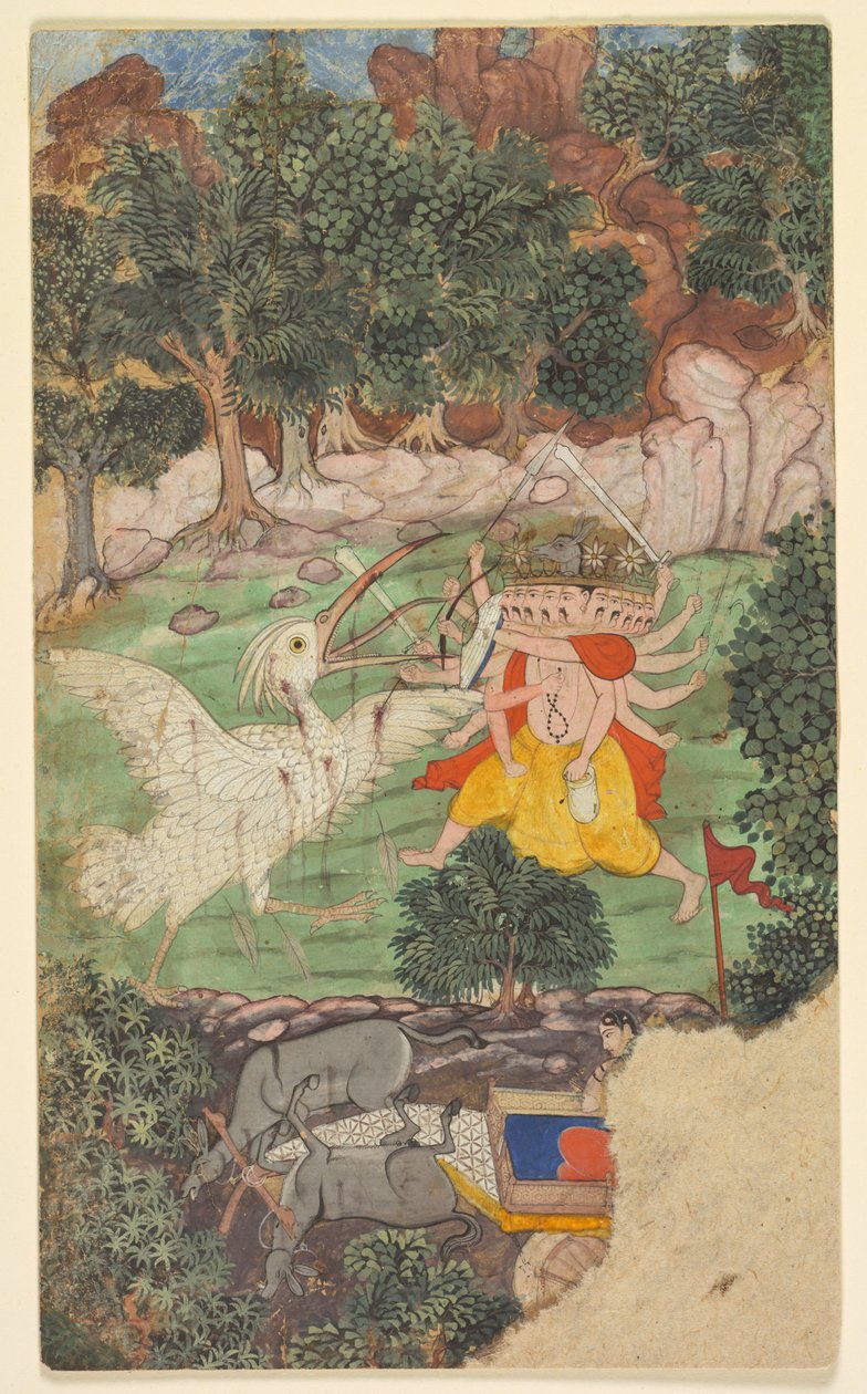 Ravanan ja Jatayun taistelu, Aranya-kandan (Metsän kirja) sargasta (luku) 49 Ramayanasta (Raman matka) Valmikista (intialainen, aktiivinen noin 1000-luvun puolivälissä eKr.) tekijältä Unknown artist