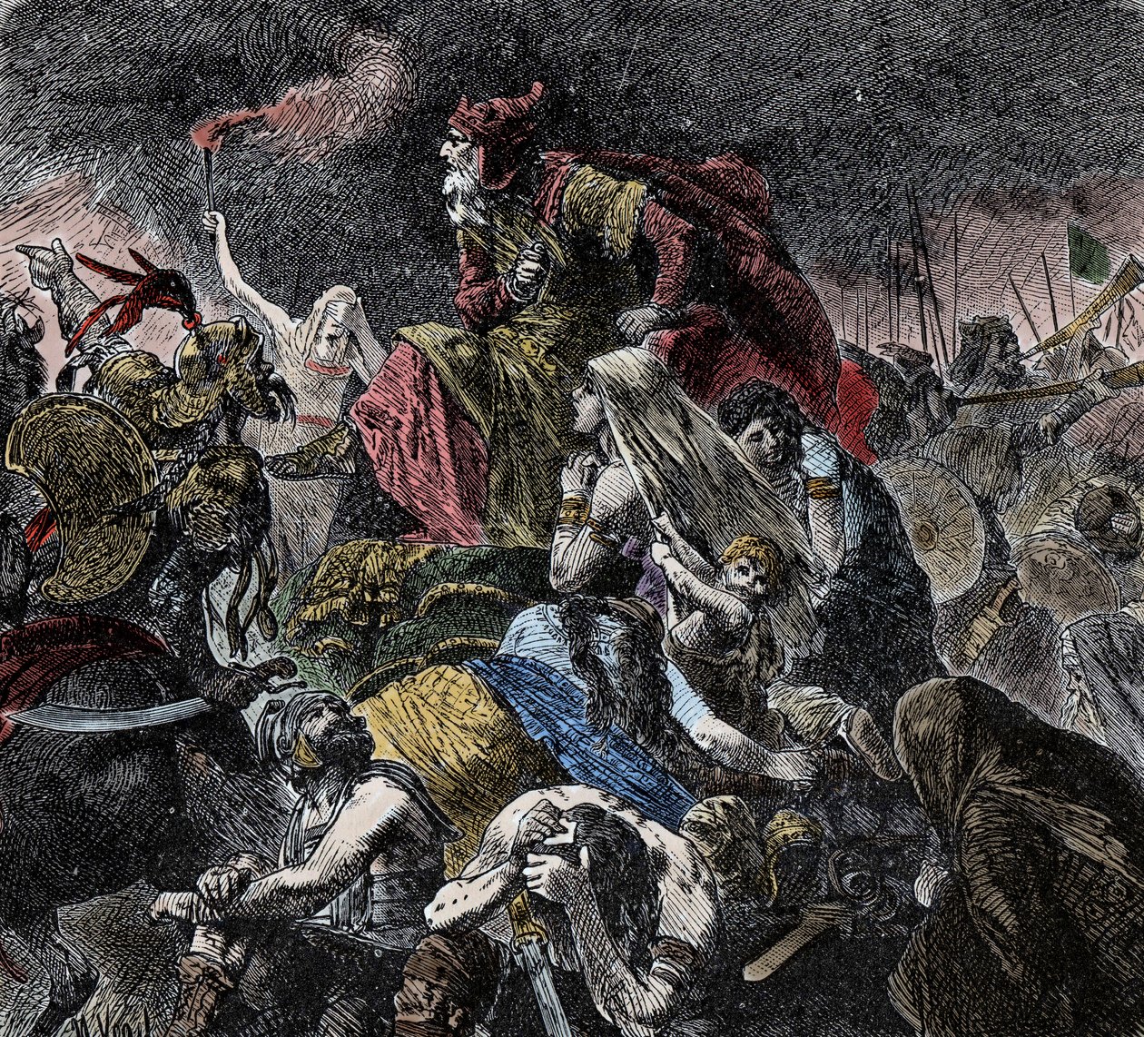 Catalaunique Fieldsin taistelu, jossa roomalaiset, frangit ja visigootit yhdistyivät, asettivat Attilan hunit ja ostrogootit Troyesin lähelle, Dawn - Barbarian Invasions - (Katalunian tasankojen taistelu tai Chalonin taistelu tai Maurican taistelu tapahtui tekijältä Unknown artist