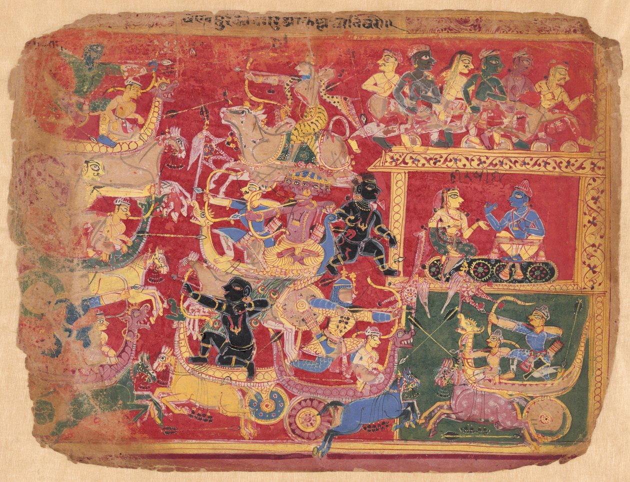 Krishnan ja Banan voimien taistelu, eräästä Bhagavat Puranan hajautetusta kopiosta. tekijältä Unknown artist