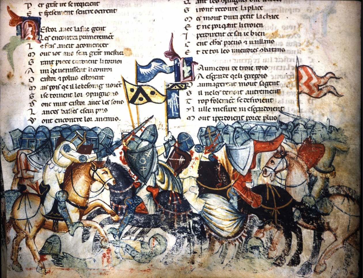 Taistelukohtaus. Benoit de Saint Mauren "Roman de Troy" -miniatyyri. 1300-luvun Biblioteca Marciana, Venetsia tekijältä Unknown artist
