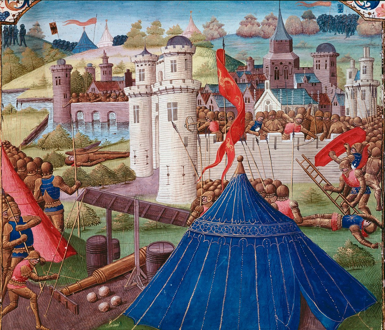 Taistelukohtaus Carthage-miniatyyrinä "" Rooman historiasta"" (Ad urbe condita), kirjoittaja Tite Live (59 eKr.-17 jKr) (Titus Livius), kääntäjä Pierre Bessuire 1450-1500 Chantilly, Musee Conde tekijältä Unknown artist