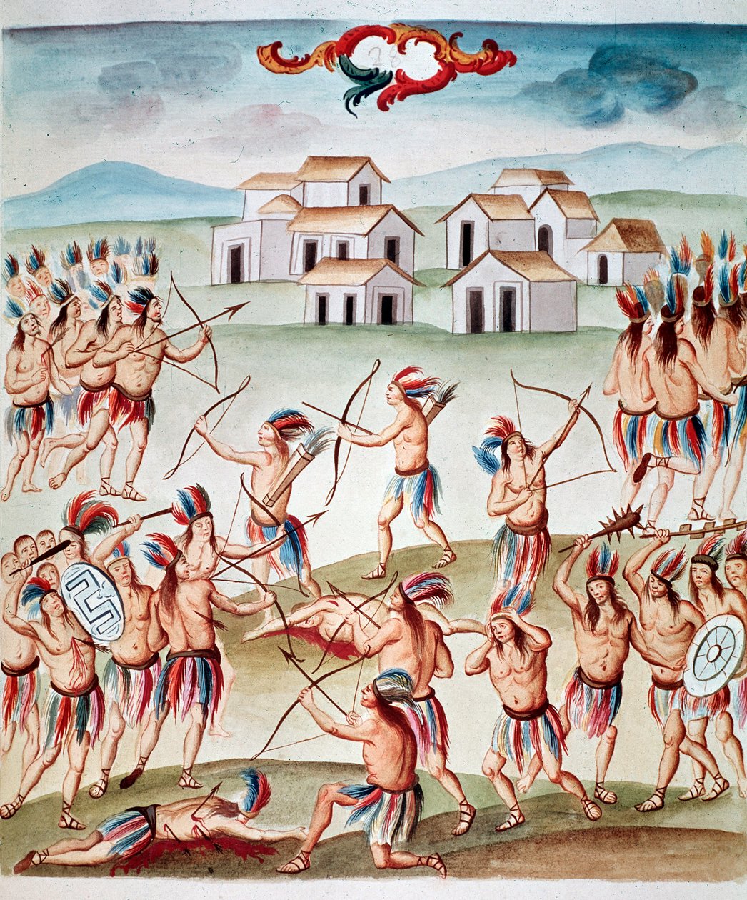Taistelukohtaus, väijytys Acolmanissa, Meksikossa (Watercolou, noin 1770-1780) tekijältä Unknown artist