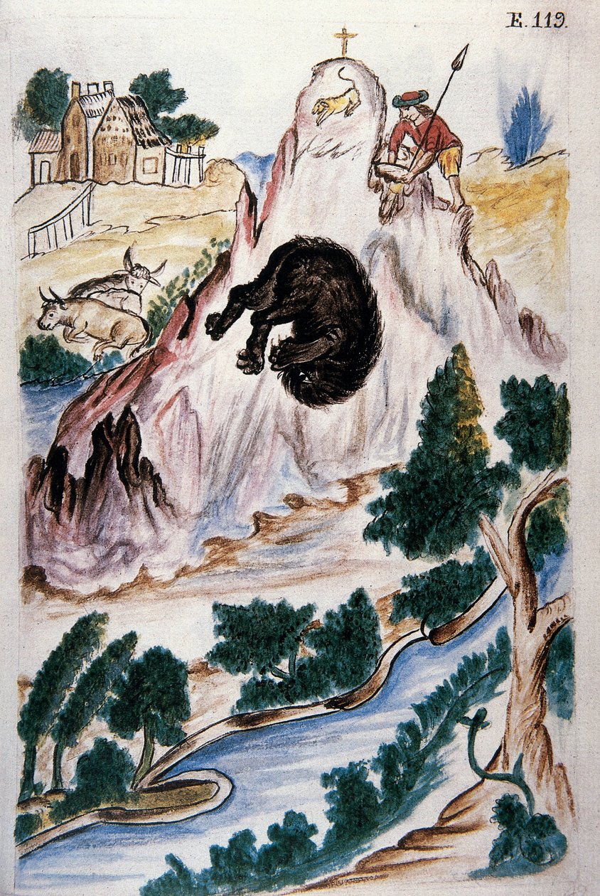 Karhunmetsästys, kirjasta "Trujillo of Peru" tai "Codex Martinez Companion", Balthazar Martinez Companion ja Bujanda, Trujillon piispa (1782-1785) tekijältä Unknown artist