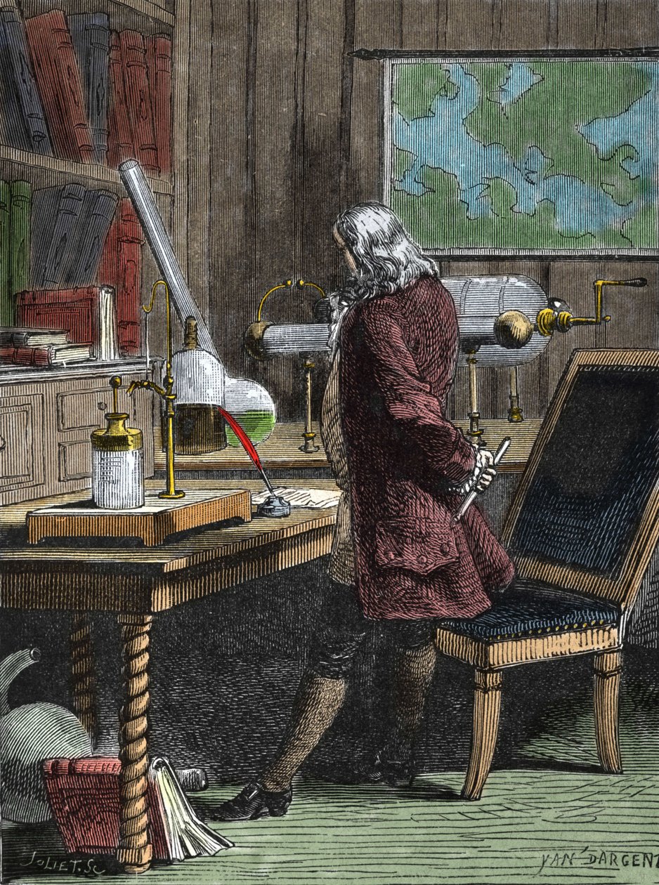 Benjamin Franklin (1706-1790), filosofi, fyysikko ja Yhdysvaltain suurlähettiläs laboratoriossaan Philadelphiassa. tekijältä Unknown artist