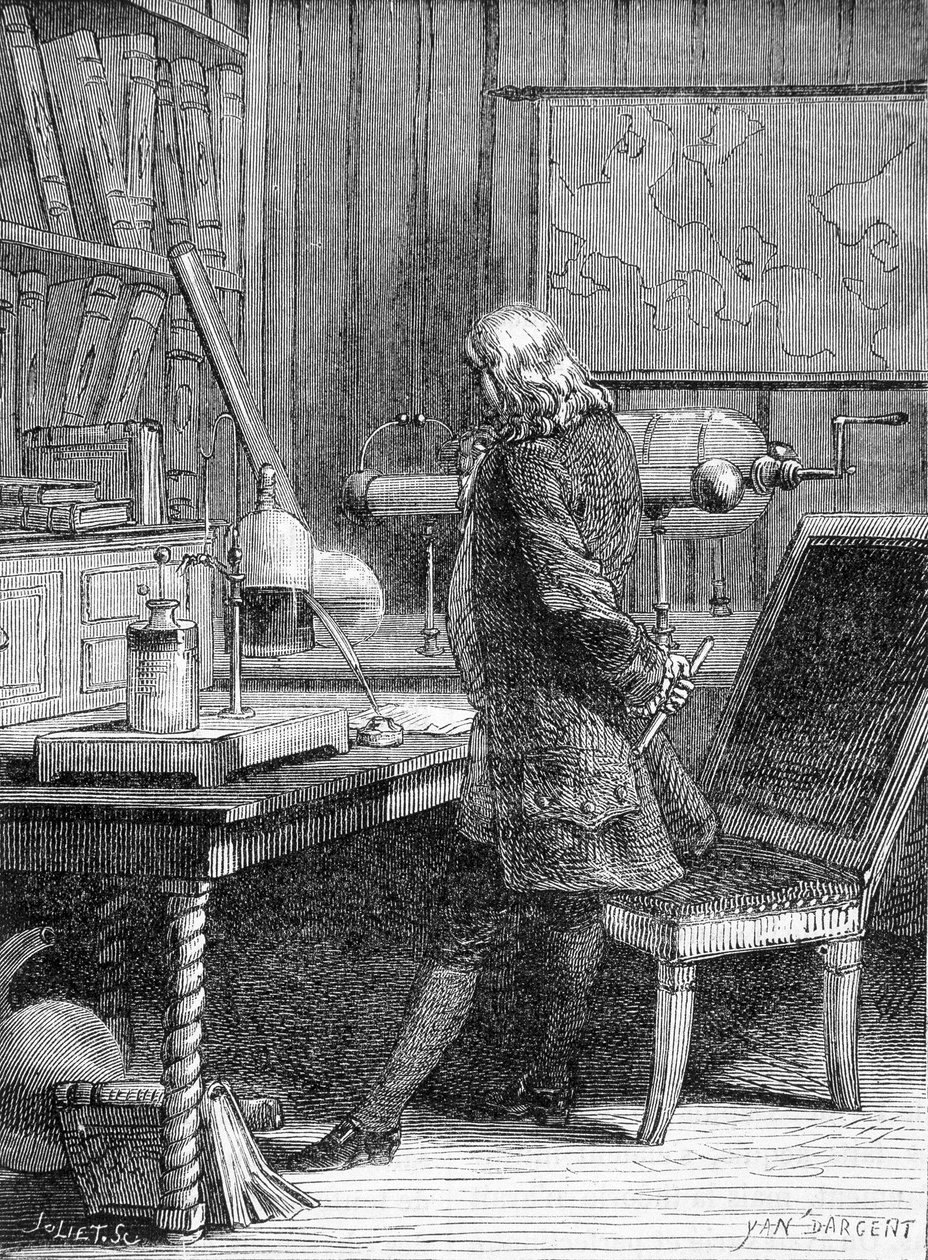 Benjamin Franklin, amerikkalainen poliitikko ja fyysikko (1706-1790) fysiikan laboratoriossa Philadelphiassa - kaiverrus tekijältä Unknown artist