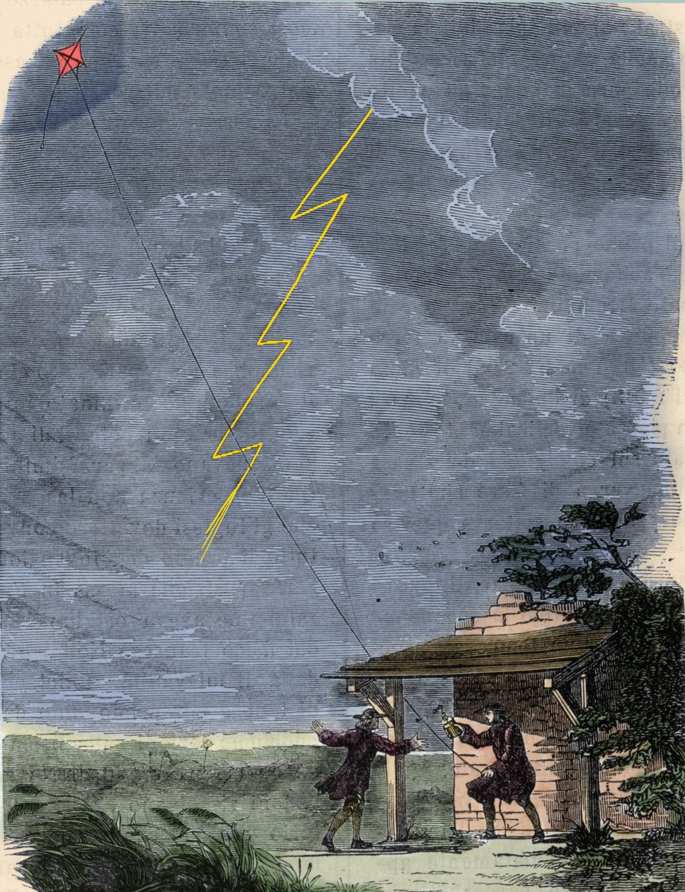 Benjamin Franklin, filosofi, fyysikko ja Yhdysvaltain suurlähettiläs, kokeilee leijaan kiinnitettyä salamanvarsiaan. syyskuuta 1752. tekijältä Unknown artist