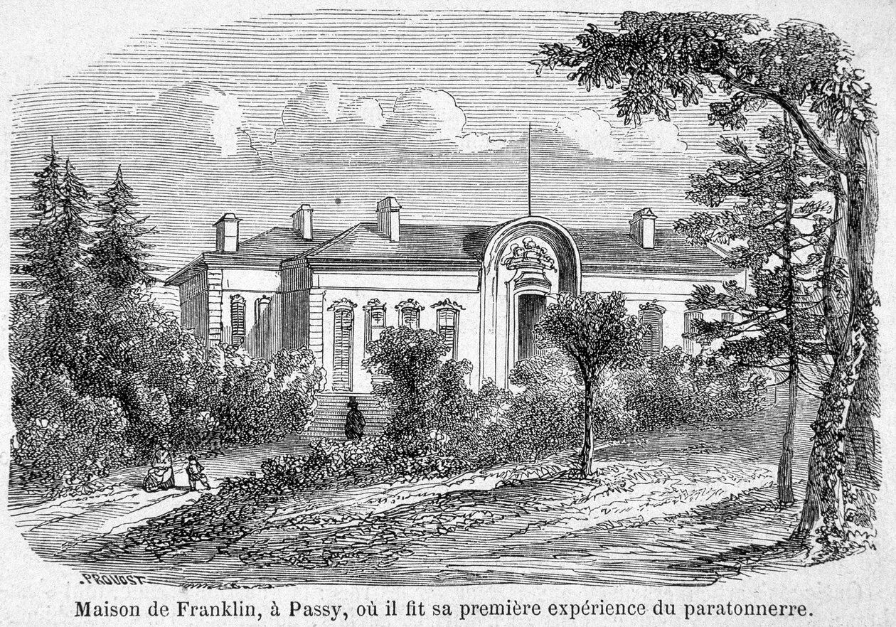 Benjamin Franklinin talo Passyssa, jossa hän teki ensimmäisen kokemuksensa salamanvarsi-kaiverruksesta tekijältä Unknown artist