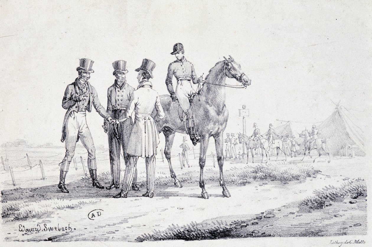 Lyö vetoa kilpakentän reunalla ratsain ratsain - litografia, deb. 1800-luvulla tekijältä Unknown artist