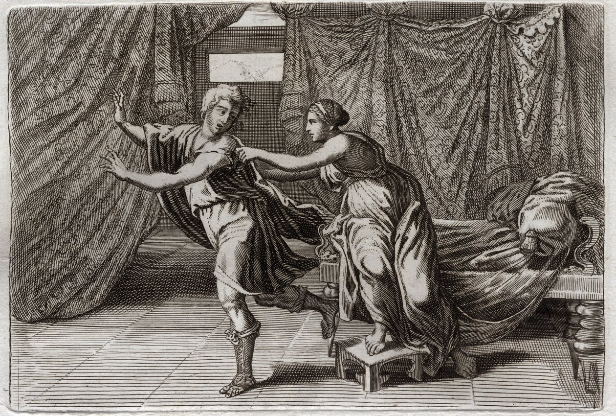 Royaumontin raamattu, Vanha testamentti: Joosefin siveys. Putifarin (Potifarin) vaimo pyysi Josephia ja laitettiin vankilaan. Kuvitus vuodelta 1811. tekijältä Unknown artist