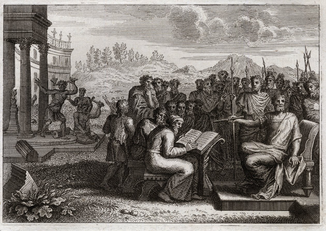 Royaumontin raamattu, Vanha testamentti: Piete of Josias. Juudan kuningas Josia palauttaa Jumalan palvonnan valtakuntaansa ja ohittaa kaikki edeltäjänsä kuninkaat. Kuvitus vuodelta 1811. tekijältä Unknown artist