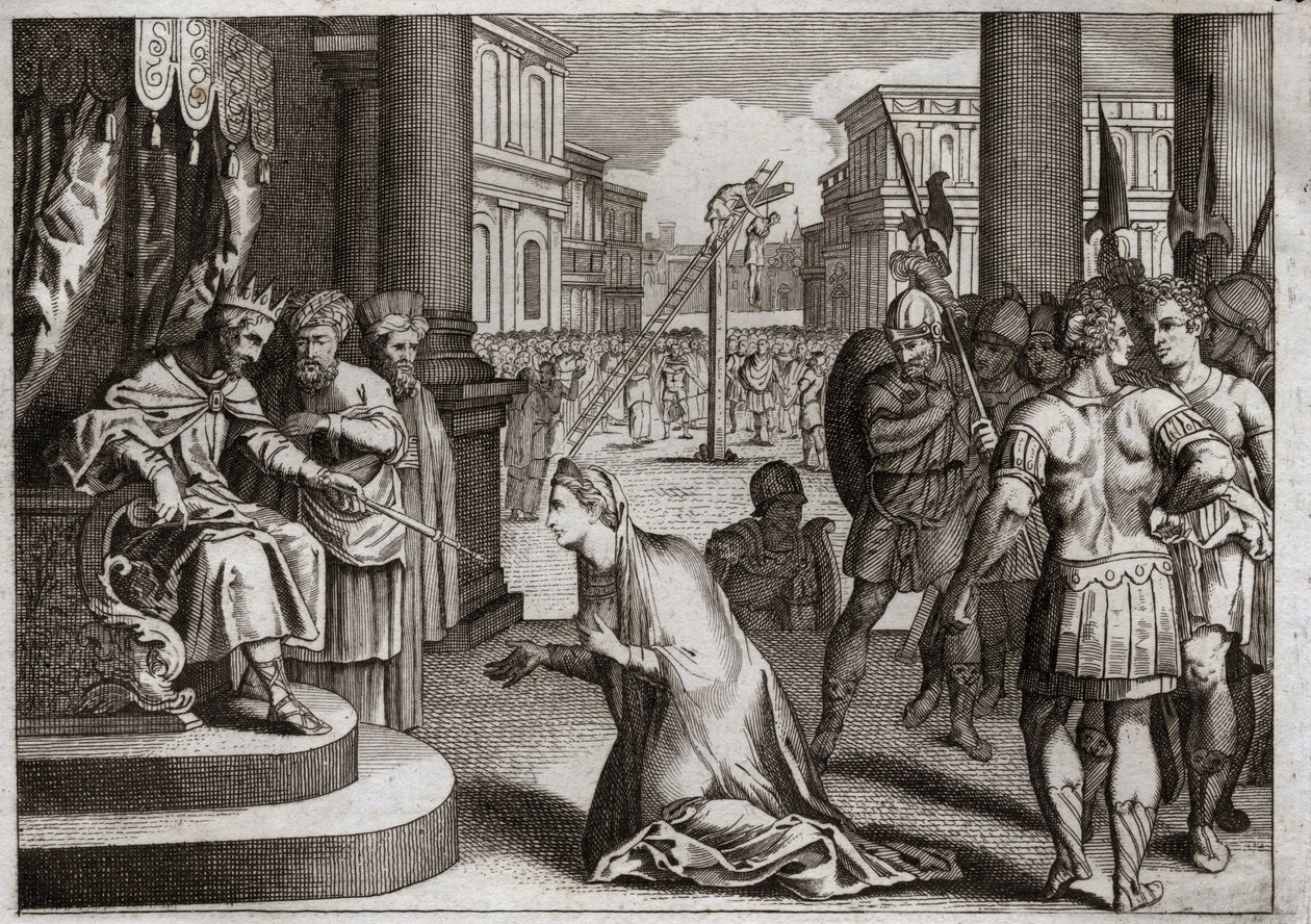 Royaumontin raamattu, Vanha testamentti: Amanin rangaistus. Assuerus I (Xerxes I) hirttää Amanin (Hamanin) hirsipuusta, jonka hän oli valmistanut Mardocheelle (tai Mordekhaille tai Mordekaille) ja peruuttaa kuolemanmuokkauksen, jonka hän oli julkaissut kok tekijältä Unknown artist