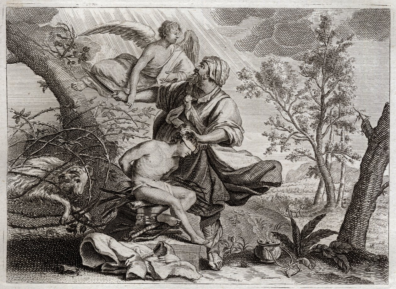 Royaumontin raamattu, Vanha testamentti: Abrahamin uhri. Enkeli pitää Abrahamia kädestä hänen poikansa Iisakin uhrin edessä. Vasemmalla uskovainen Abraham tappaa sen sijaan. Kuvitus vuodelta 1811. tekijältä Unknown artist