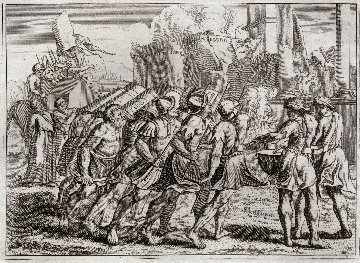Royaumontin raamattu, Vanha testamentti: otettu Jerikosta. Jerikon muurit putoavat maahan Herran liitonarkkia edeltäneiden pappien trumpettien soidessa. Kuvitus vuodelta 1811. tekijältä Unknown artist