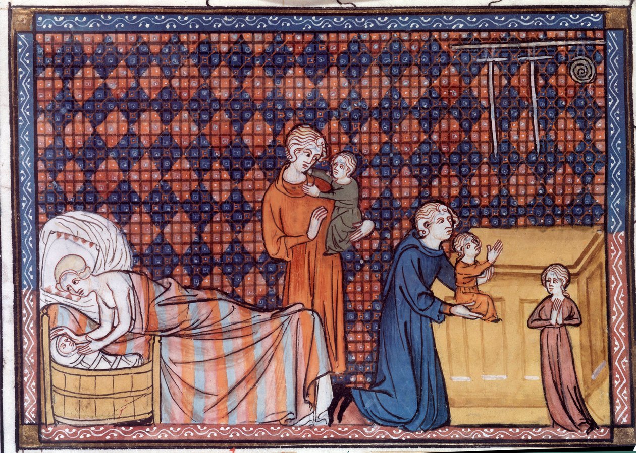 Ranskan kuninkaan Ludvig IX:n tai Saint Louisin (1214-1270) syntymä ja koulutus. Miniatyyri William of Saint Pathusin käsikirjoituksesta "Saint Louisin elämä ja ihmeet". tekijältä Unknown artist